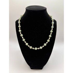 Vintage Green Jade & Cultured Pearl 14kt Yellow Gold Necklace - Choker 18"